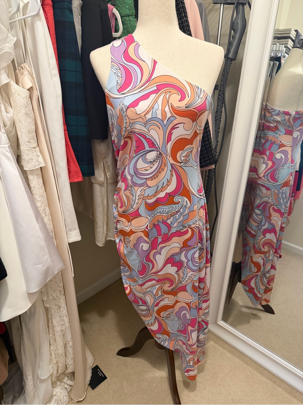Pucci-Like One-Shoulder Abstract Print Midi Dress